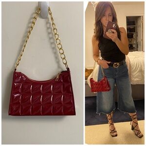 NWOT Red Patent Shiny Quilted Shoulder Bag with Gold Chain